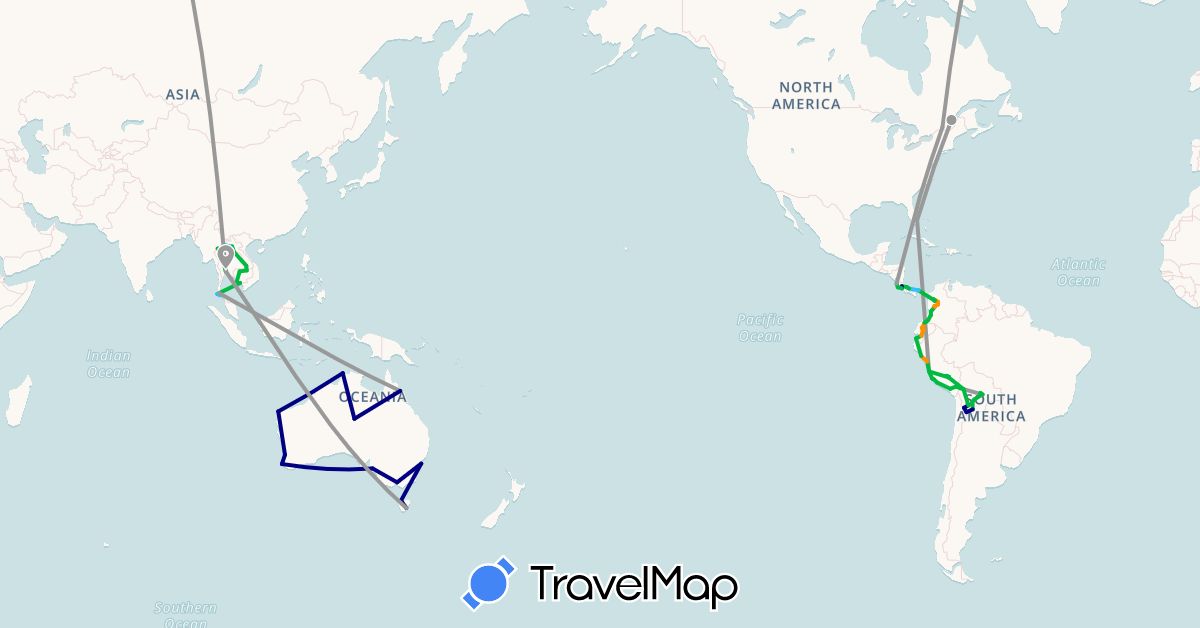 TravelMap itinerary: driving, bus, plane, boat, hitchhiking in Australia, Bolivia, Canada, Colombia, Costa Rica, Ecuador, Cambodia, Laos, Panama, Peru, Thailand, United States (Asia, North America, Oceania, South America)
